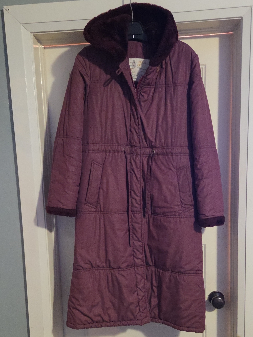 London Fog Long Plum Puffer Coat with Faux Fur Trim